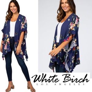 WHITE BIRCH Womens Navy Floral Ruffle Boho Peasant Hippie Kimono Cover Up Sz S/M